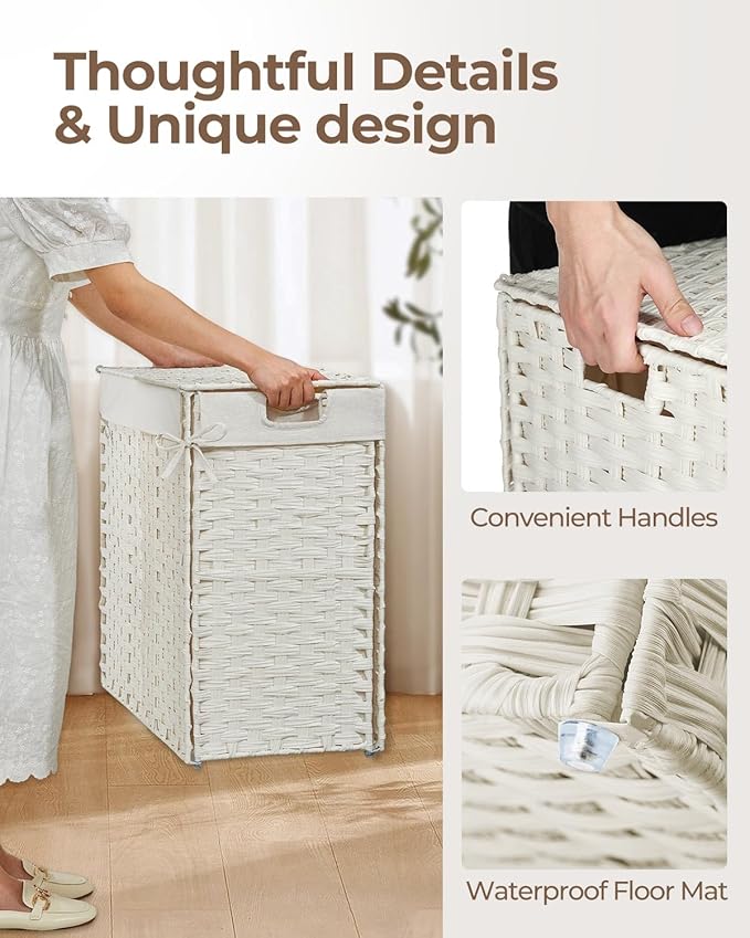 Greenstell Laundry Hamper with lid, No Install Needed, 110L Wicker Laundry Baskets Foldable 2 Removable Liner Bags, 2 Section Clothes Hamper Handwoven Rattan Laundry Basket with Handles, White