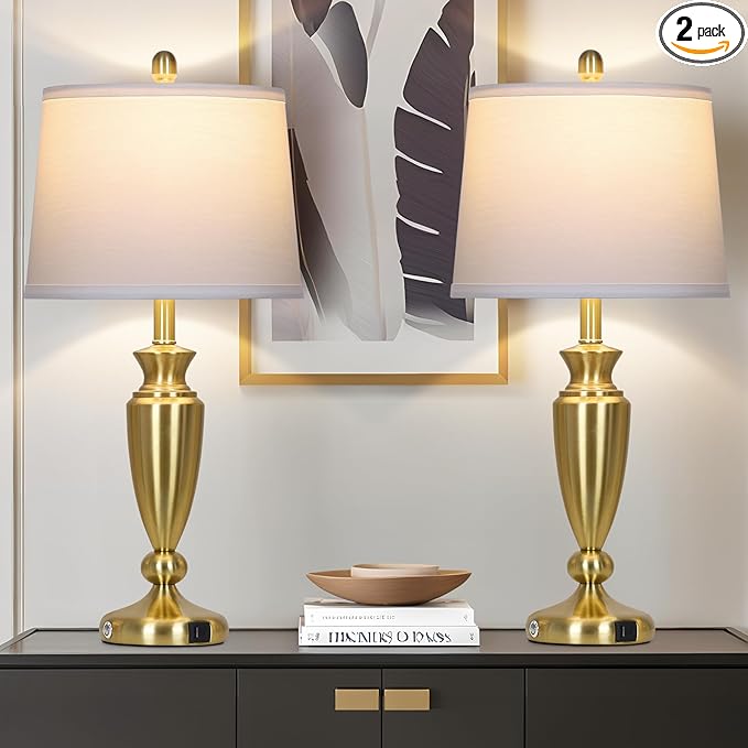 27'' Gold Table Lamps for Living Room, 3 Way Touch Control Bedside Lamps Set of 2 with USB A+C Ports, Modern Metal Nightstand Lamps for Bedroom Living Room Office End Table