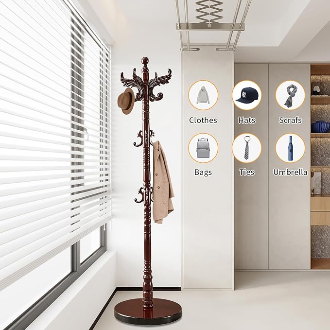 Wooden Coat Rack Stand, Vintage Natural Birch Wood Coat Racks Freestanding, Solid Wood Coat Tree Stand with 14 Hooks, Classic Sturdy Coat Racks Hall Tree for Entryway, Office (Round chassis)