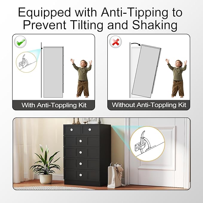 Wood Dresser for Bedroom 6 Drawer: 24" Black Chest of Drawers Wood, Modern Fluted Cabinet with Sturdy Storage, Wide Aesthetic Furniture for Room Organization