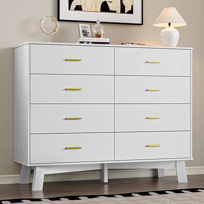 Dresser for Bedroom with 8-Drawer, 37" Tall Modern Chest of Drawers with Metal Handles, X-Shape Base & Adjustable Center Leg, Anti-Tip Closet Organizers and Storage
