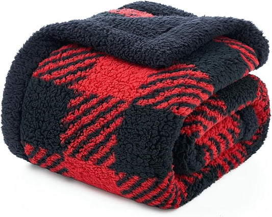 Cozy Bliss Ultra Soft Reversible Double Sherpa Sided Blanket, Buffalo Plaid Throw Blanket Fluffy Thick Warm Plush Fuzzy Blanket for Couch, Bed and Gifts (Red/Black Buffalo Check, 50" x 60")