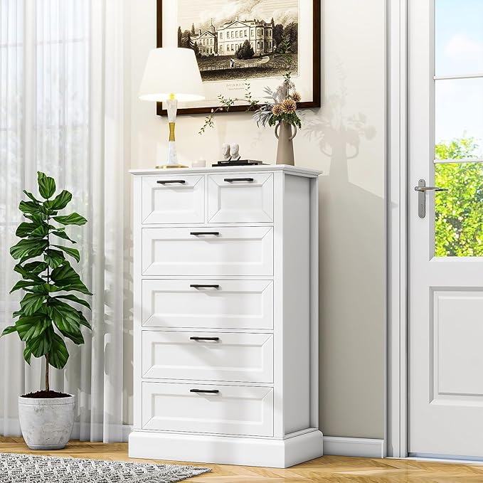 White 6 Drawer Dresser, 47'' Tall Modern Vertical Chest of Drawers with Painted Wood, Storage Dressers for Bedroom, Living Room, Hallway, Entryway, White