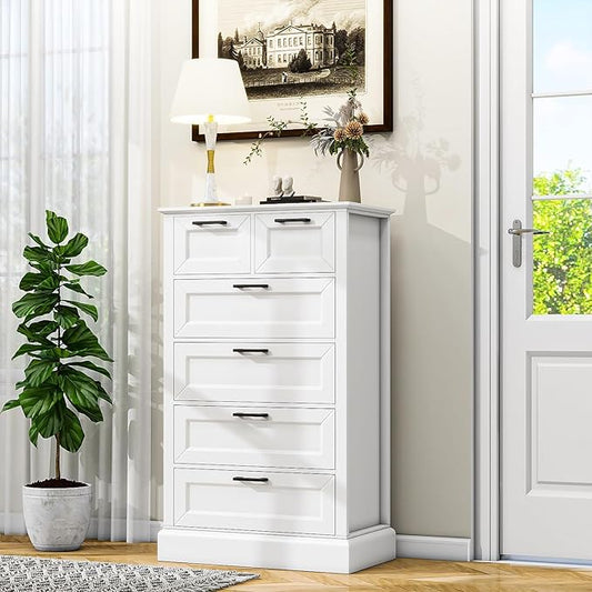 White 6 Drawer Dresser, 47'' Tall Modern Vertical Chest of Drawers with Painted Wood, Storage Dressers for Bedroom, Living Room, Hallway, Entryway, White