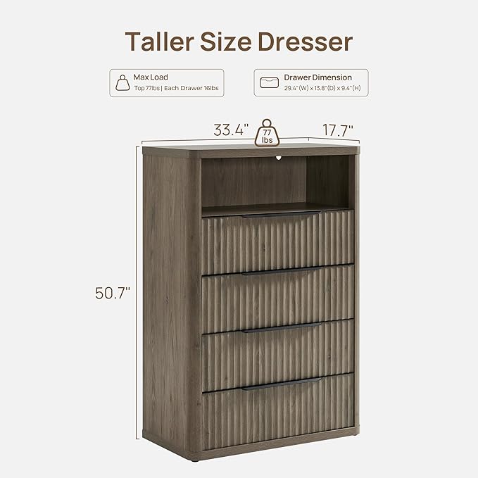 SICOTAS Dresser for Bedroom - Tall Dressers & Chests of Drawers with 4 Drawers Large Modern Dresser for Closet Fluted Wide TV Stand Clothes Closet Storage for Bedroom Hallway Entryway, Grey Alder