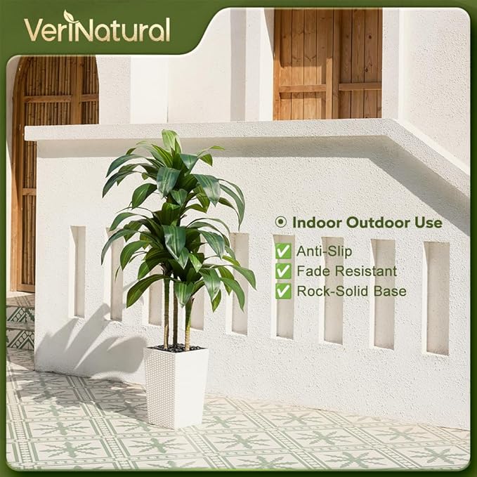Artificial Dracaena Tree 5FT - Fake Tree with White Taper Planter & Pebbles - UV Resistant Faux Yucca Tropical Plant - Artificial Trees for Home Office Living Room Decor Indoor Outdoor