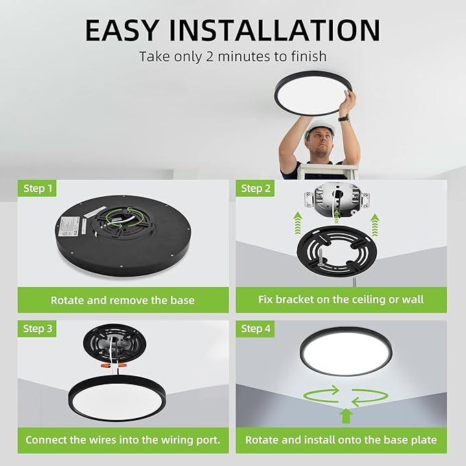 hykolity 12 Inch Selectable CCT LED Round Flat Panel Light, 24W 3000K/4000K/5000K, Edge-Lit Flush Mount Ceiling Light Fixture for Kitchen, Bedroom, Laundry and Closet Room，Black