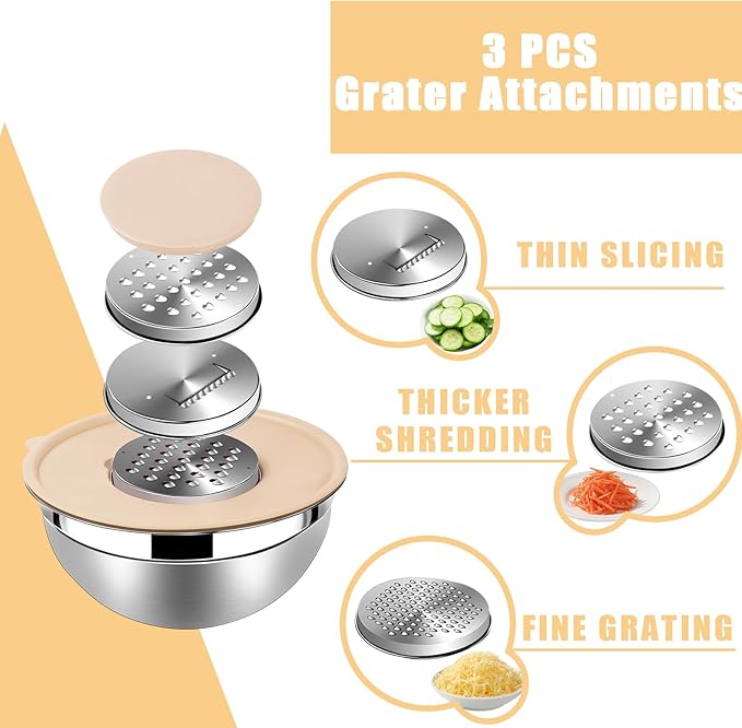 Lazycorner Stainless Steel Mixing Bowls with Airtight Lids Set of 7 Stainless Steel Bowls Set with 3 Grater Attachments Great for Serving & Baking