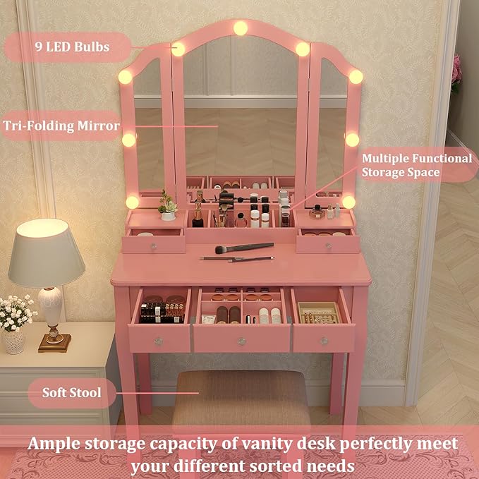 Pink Makeup Vanity Desk with Mirror Lights, Vanity Desk with Lights and Mirror, Makeup Vanity with Drawers and Kids Vanity