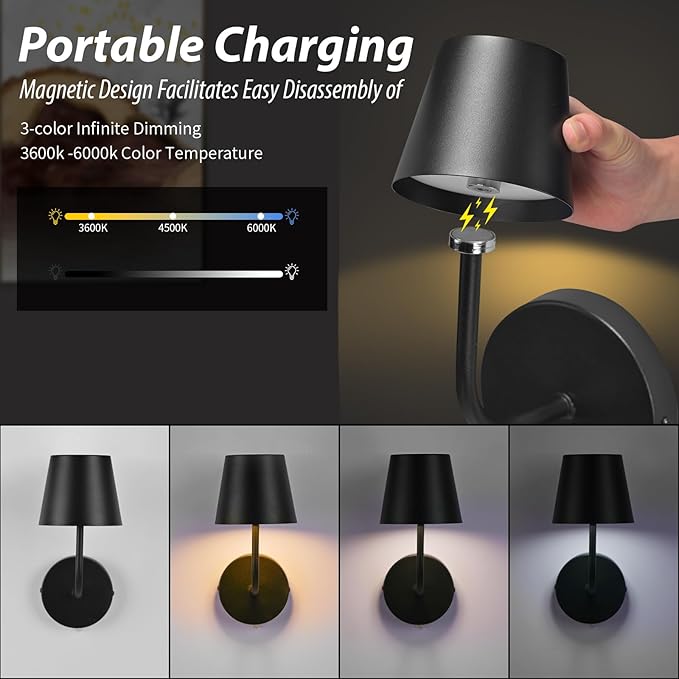 LED Wireless Wall Lamp Set of 2, with 5600mAh Rechargeable Battery Powered Wall Sconces, Touch for Remote Control Infinite Dimming Be Used for Bedroom Mirror Living Room Wall Painting (Black)