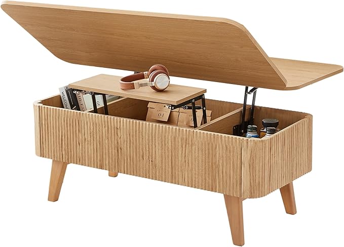 3 in 1 Lift Top Coffee Table, Fluted Convertible Coffee Tables Converts to Dining Tables, Modern Oval Wooden Center Table with Storage for Living Room Office Small Space, Partial Assembly (Natural)