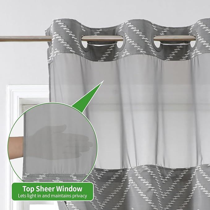 Extra Long Grey No Hook Shower Curtain with Snap-in Liner Set,Boho White Woven Fabric Tufted Chevron Striped Design,Modern Chic Minimalist Bathroom Curtain,71x86