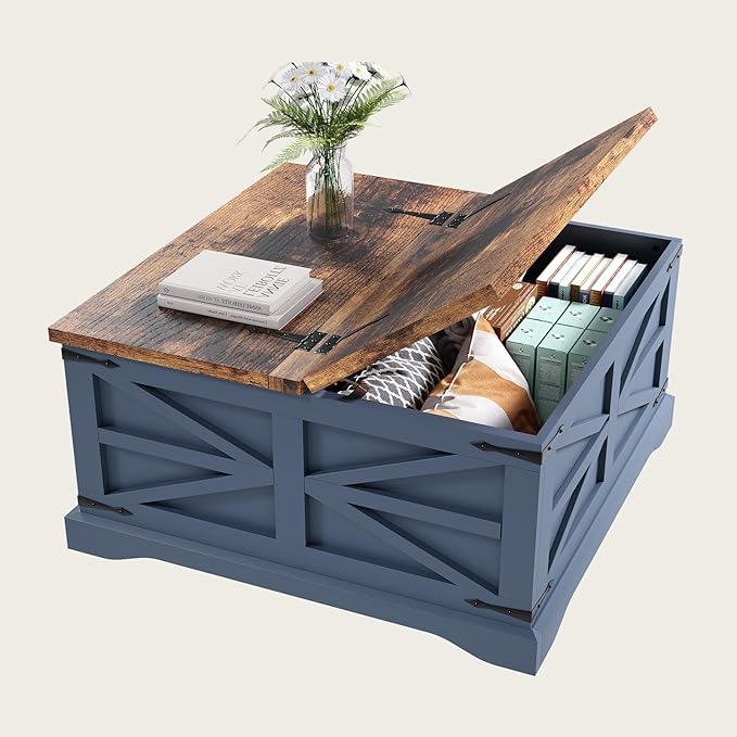 MXV Farmhouse Coffee Table with Storage, Square Coffee Tables for Living Room, Rustic Wood Center Table with Hinged Lifting Tabletop for Home, Blue