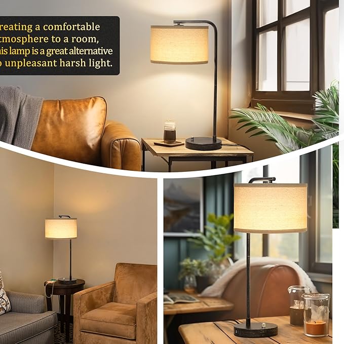 Bedside Table Lamp with USB C+A Charging Ports, Fully Dimmable Industrial Tall Nightstand Reading Desk Lamp for Bedroom, Living Room, Office, 9W LED Bulb Included