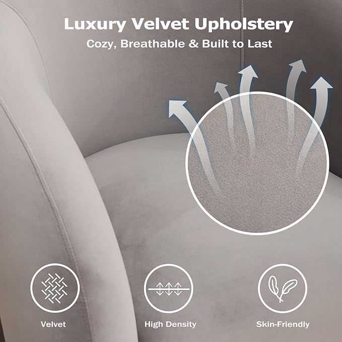 34.6" Velvet Swivel Accent Chair, Modern Round Armchair for Living Room,Upholstered Comfy Sofa Barrel Chairs for Bedroom Reading Apartment Lounge,Fully Assembled(Grey)