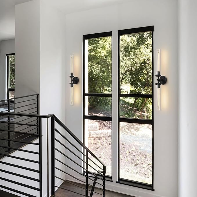 Modern 2-Light Black 30in Knurled Wall Sconces, Double Glass Sconces Wall Lighting, Bathroom Vanity Light Sconces, Wall Lights for Living Room Bedroom Hallway Kitchen Bathroom Mirror Includes bulbs