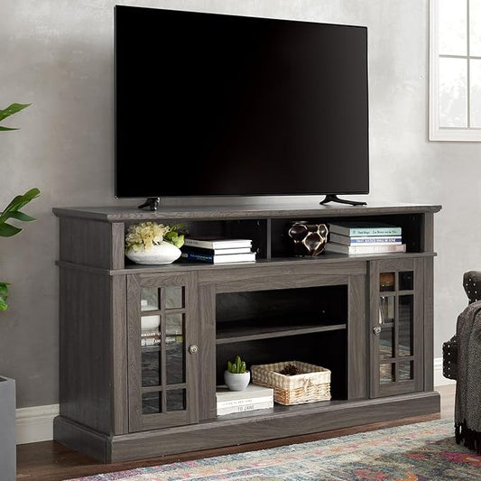 HMFULE 58" TV Stand with Storage for 55 60 65 inch Television, Entertainment Center 2 Glass Doors & Adjustable Shelves, Engineered Wood Modern Farmhouse Living Room Bedroom Furniture (Dark Walnut)