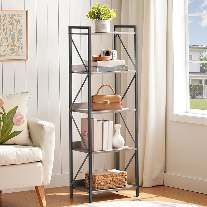 HOOBRO Bookshelf, 5-Tier Industrial Bookcase, Book Shelf Storage Organizer, Tall Bookshelf with Metal Frame for Living Room, Bedroom, Home Office, Kitchen, Greige and Black BG73SJ01