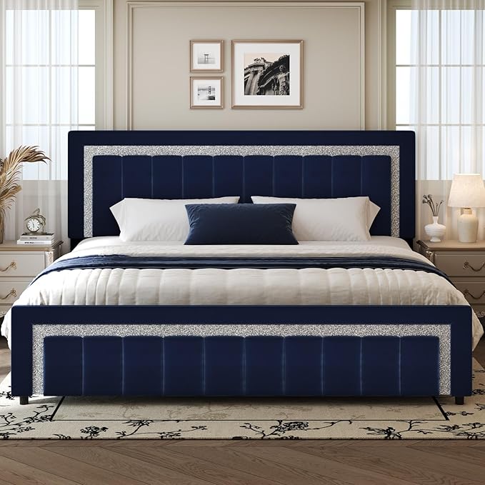 HOMBCK King Size Bed Frame with Headboard and Footboard, Upholstered Bed Frame King with Velvet Diamond Design, No Box Spring Needed, Easy Assembly, Blue