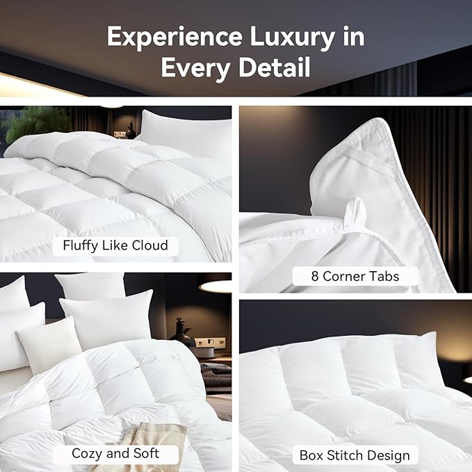 L LOVSOUL 75% Goose Down Fiber Comforter Alaskan King Size, 850+ Fill Power Hotel Style Bedding Comforter, 1200TC, Fluffy Ultra Soft All Season White Duvet Insert with 8 Corner Tabs