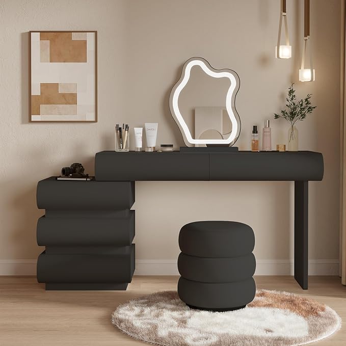 Makeup Vanity Desk with Mirror and Lights, Luxury Dressing Table with Free Retractable Side Cabinet, Microfibre Leather Wrapped Vanity Set with 5 Solid Wood Drawers, Stool-47.2in / Black