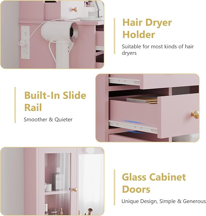 Makeup Vanity Desk with Mirror & LED Lights, Storage Drawers, Charging Station, Cabinets & Stool, Large Dressing Table with RGB Ambient Lighting for Bedroom & Vanity Room