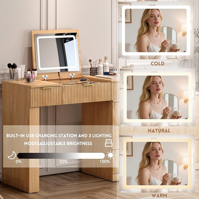 Fluted Vanity Desk with Flip Top Mirror and Lights, Wooden Makeup Vanity Desk with Glass Top & USB Ports, Modern Extendable Dressing Table with 9 Drawers Dresser and Cabinet, Dresser for Bedroom (Oak)