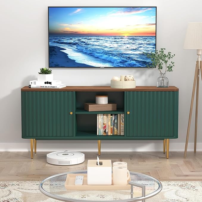 ARTPOWER 55” Fluted TV Stand, Mid Century Modern Green TV Stand for 55/60/65 inch TV, Entertainment Center with Storage, Television Stands, TV Console, Media Console for Living Room, Bedroom (Green)