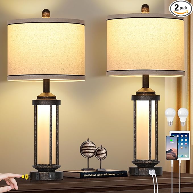 27" Farmhouse Industrial Table Lamps, Vintage Rustic Retro Beside Lamps with USB A+C Charging Ports & AC Outlet, Modern Nightstand Lamps with Glass LED Night Light for Living Room Bedrooms End Table