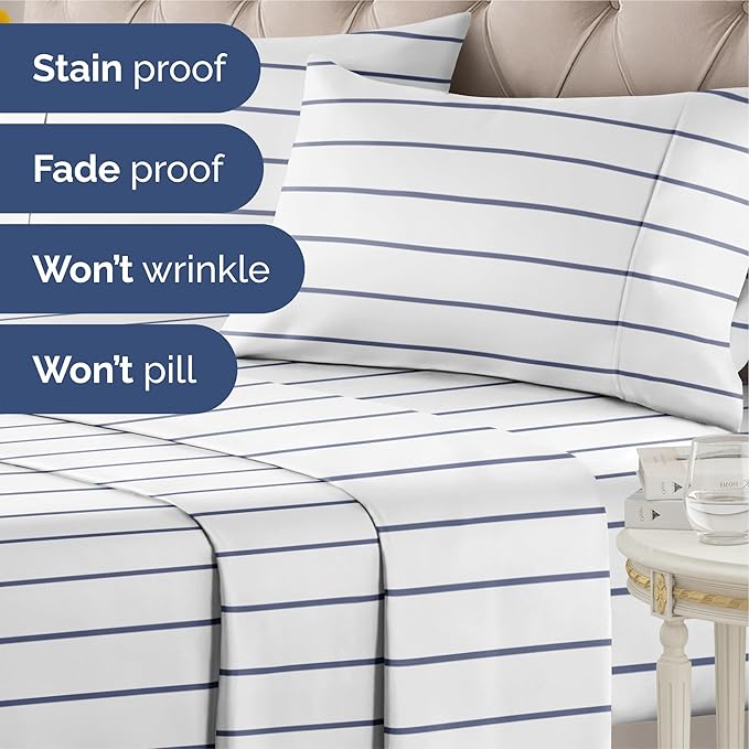 Striped Sheets - Navy Blue & White Striped Sheets - 1 Flat & 1 Fitted & 2 Pillowcases w/ Deep Pockets – Wrinkle & Fade Free - Soft, Breathable & Cooling – Luxury Pinstripe Bedding - Queen Size Bed Set