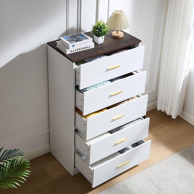 LIDYUK Dresser for Bedroom, Wood Dresser with 5 Drawers, Modern Minimalist Dressers & Chests of Drawers, 47 Inches Tall Chest of Drawers for Bedroom, Hallway, Living Room, White