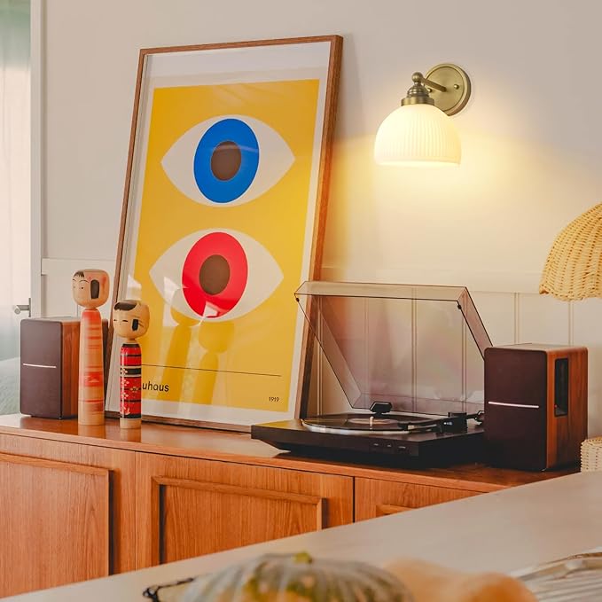 Vintage Wall Sconce 1-Light with White Striped Glass Globe Shade, Indoor Wall Mounted Lamp Fixture for Living Room Bedroom Kitchen Hallway