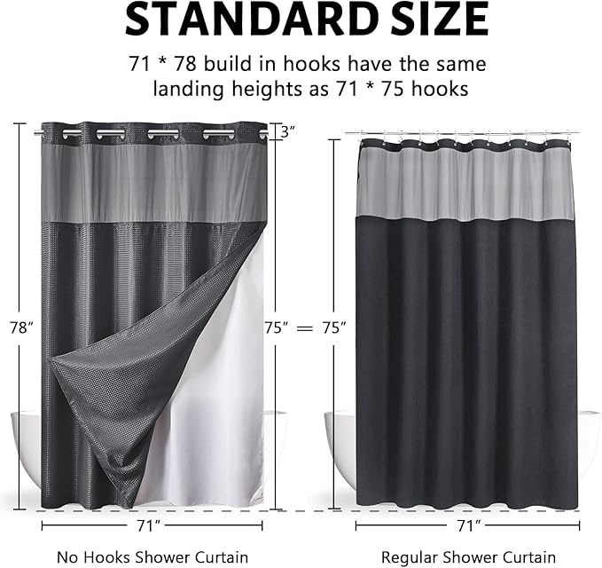 Furlinic Waffle Weave No Hook Shower Curtain with Snap in Liner,Heavy Duty Fabric Bathroom Curtain with See Through Window & Weighted Magnets,Waterproof & Machine Washable,Dark Grey,71x78 Inch