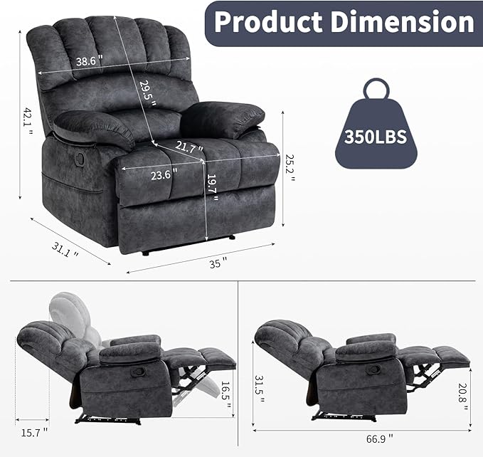 Large Recliner, 23" Wide Seat, A Recliner with Three Position, Recliner Chair Oversized with Two Side Pockets, Dark Gray