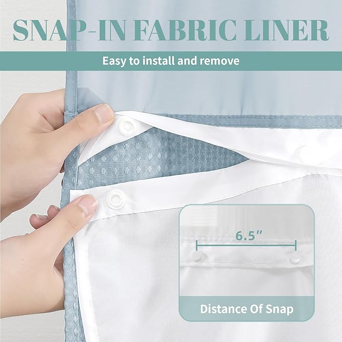 Teal Extra Long No Hook Waffle Weave Shower Curtain with snap-in Liner Replacement, 230GSM Waterproof Fabric Hotel Shower Curtain Set for Bathroom, Through Mesh Top Window,71Wx86H