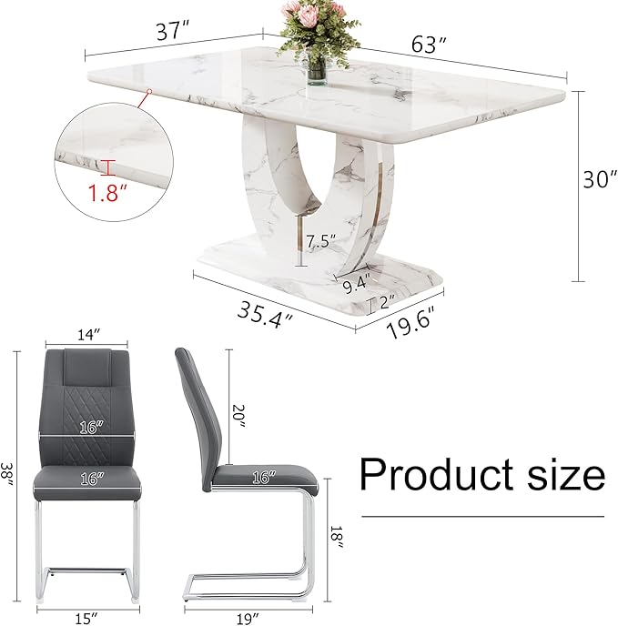 Dining Table Set for 4, Kitchen Table Chairs Set of 4, Modern Dining Room Set with 63 inch Marble Dinner Table PU Leather Upholstered Chairs for Dining Room Kitchen