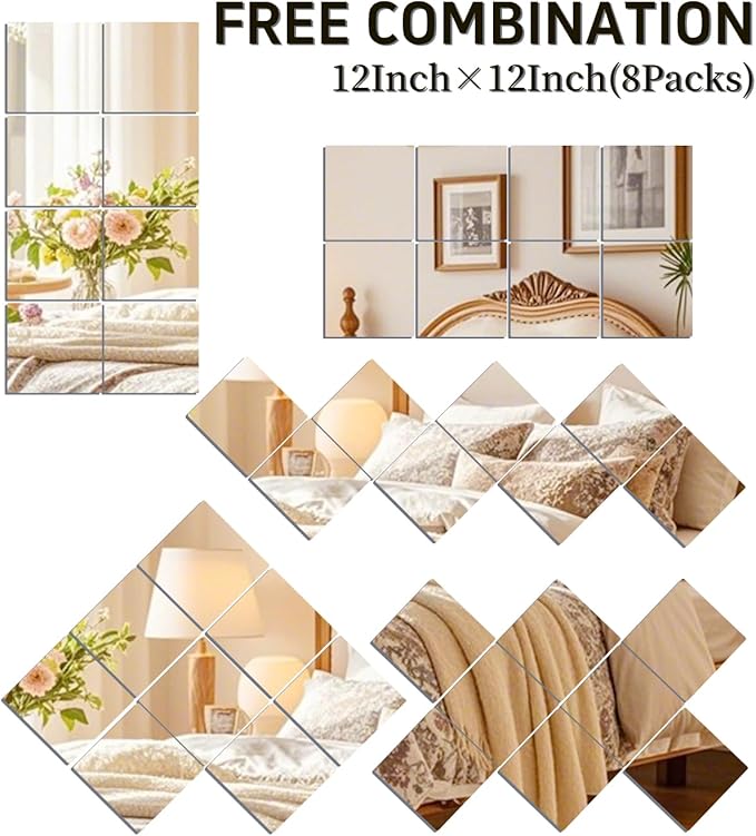 Glass Mirror Tiles for Wall 12" x 12" Frameless Full Length Mirror Wall Mounted Full Body Mirrors for Bedroom Home Gym Door Bathroom (8PCS)