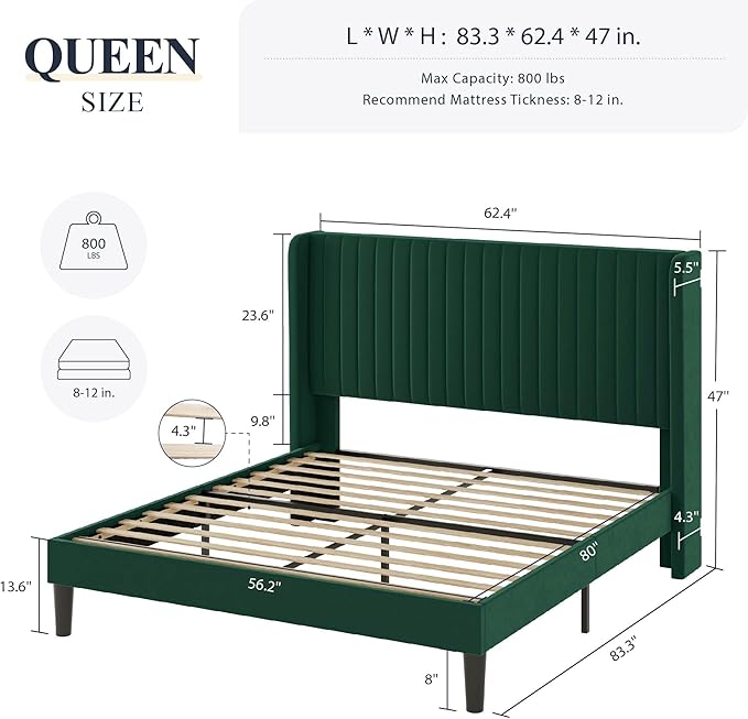 Allewie Queen Size Bed Frame/Velvet Upholstered Platform Bed/Vertical Channel Tufted Wingback Headboard/Strong Wooden Slats/No Box Spring Needed/Easy Assembly/Green