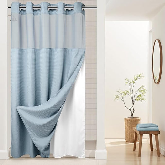 River Dream Heavyweight No Hooks Required Dotted Waffle Weave Shower Curtain with Snap in Liner -Stall 54W x 80H,Hotel Grade,Spa Like Bath Curtain,Blue