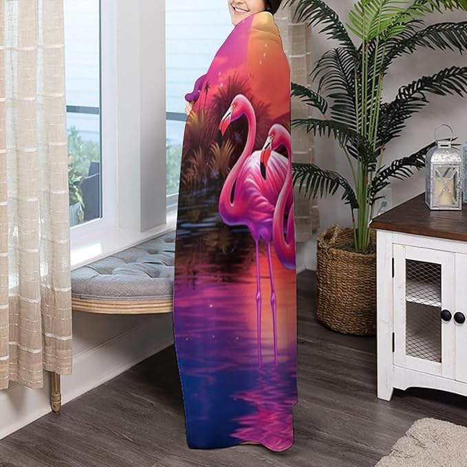 Flamingo Reflection Sunset Fleece Throw Blankets Twin Size -Thick Fuzzy Warm Soft Twin Large Winter Blanket Throws for Bed 60x80 in