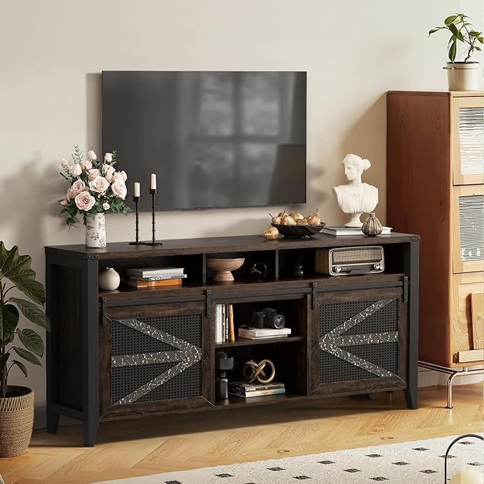 VFK 70 Inch TV Stand for TVs up to 70", Rustic Farmhouse Media Console with Sliding Barn Doors, 6 Drawers, Entertainment Center for Living Room