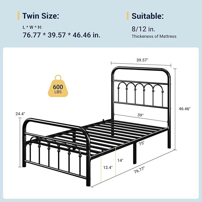 Allewie 14 Inches Twin Size Metal Platform Bed Frame with Victorian Style Curved Iron-Art Headboard/Footboard, Metal Slats Support, Easy Assembly, Under Bed Storage, No Box Spring Required, Black