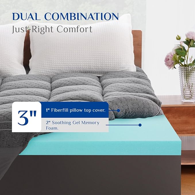 Dual Layer 3 Inch Memory Foam Mattress Topper King Size, 2 Inch Cooling Gel Memory Foam Plus 1 Inch Pillow Top Mattress Pad Cover, with 8-21 Inch Deep Pocket, Grey
