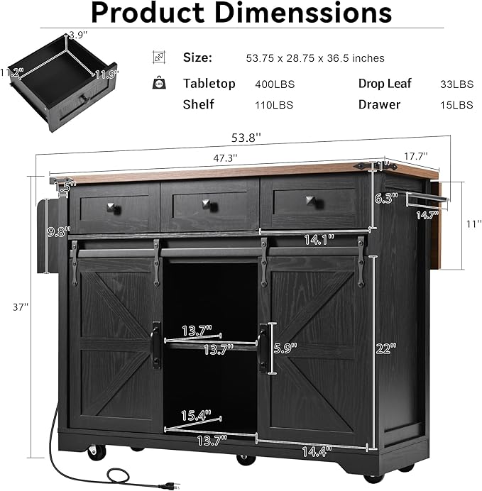 Kitchen Island with Power Outlet & Drop Leaf, 54" Kitchen Rolling Island on Wheels with Spice Rack & Towel Rack, Kitchen Island Cart with Storage, Black