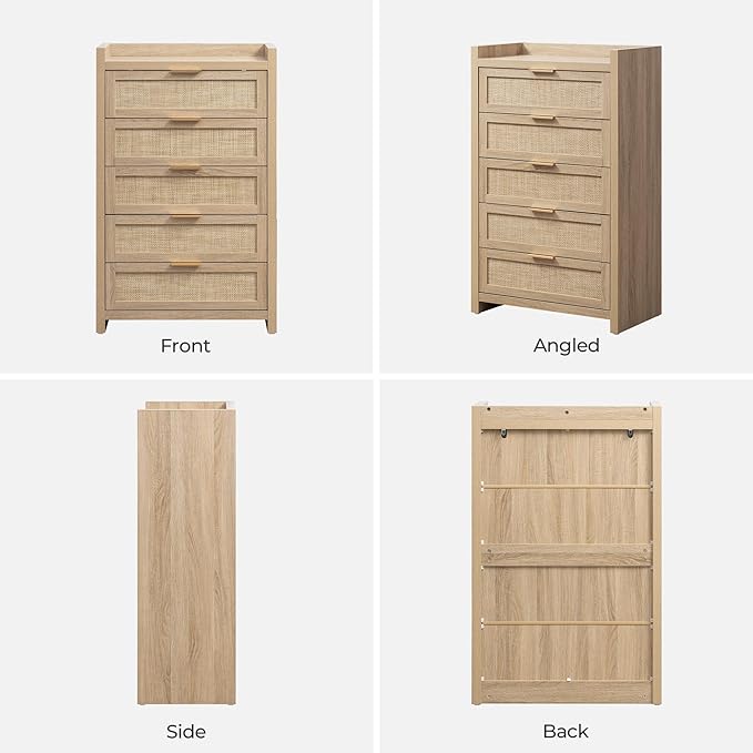 SICOTAS Dresser for Bedroom Chest of Drawers 46" Tall Dresser for Closet with 5 Rattan Drawers Boho Nightstands Set of 3 Large Clothes Storage Cabinet TV Stand for Living Room Hallway Nursery Entryway