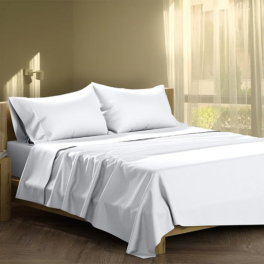 XOOX Linen King Sheet Sets Cotton - 500 Thread Count 100% Cotton King Sheets Set, 4 PC (White), Luxury Soft, Cooling, Breathable 16" Deep Pocket Sateen Weave Hotel Bedsheets Set