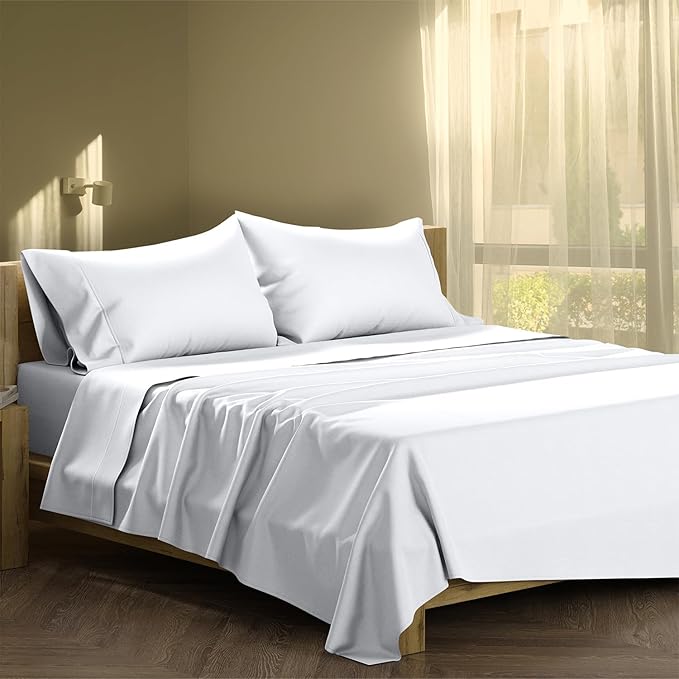 XOOX Linen California King Sheet Sets Cotton - 500 Thread Count 100% Cotton Cal King Sheets Set, 4 PC (White), Luxury Soft, Cooling, Breathable 16" Deep Pocket Sateen Weave Hotel Bedsheets Set