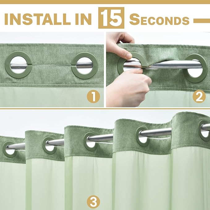 Long No Hook Shower Curtain with Snap in Liner, Polyester Textured Shower Curtain with Liner Set, Waterproof Washable Hotel Style Shower Curtains for Bathroom, 71Wx80H, Sage Green