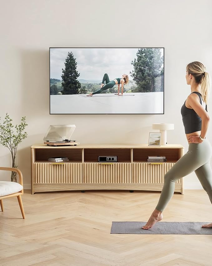 Marsail 59″ Wide TV Stand for TVs Up to 65″, Modern Entertainment Center with Fluted Panels, 3 Easy-Sliding Drawers, Open Shelves & Cable Hole, 3-Tier TV Stands for Living Room & Bedroom, Natural Oak