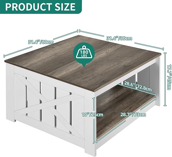 YITAHOME Coffee Table Farmhouse Coffee Table with Storage Rustic Wood Cocktail Table, Square Coffee Tables for Living Meeting Room with Half Open Storage Compartment, Light Brown and White